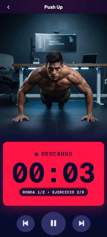 Pantalla de Trenor mostrando el descanso con cuenta regresiva auditiva para el siguiente ejercicio