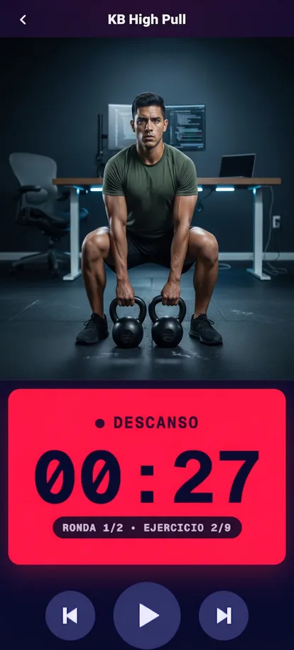 Pantalla de Trenor mostrando el descanso antes del ejercicio KB High Pull