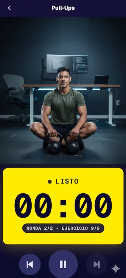 Pantalla de Trenor mostrando rutina completada con ejercicio Pull-Ups