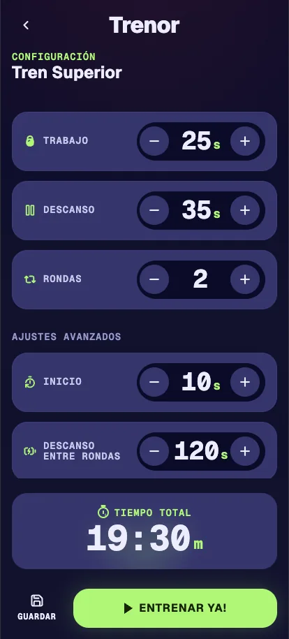 Pantalla de configuración para ajustar tiempos de trabajo, descanso y rondas en Trenor